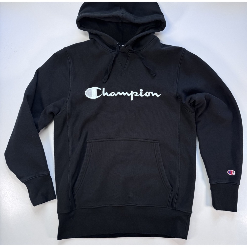 CHAMPION Reverse Weave Hoodie Sweatshirt Small Black Script Logo Honduras